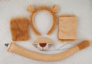 Plush lion costume set with headband, mask, tail and cuffs on white lace fabric