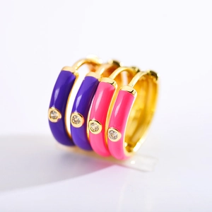 Fashionable gold-plated enamel hoop earrings with zircon stones in purple and pink
