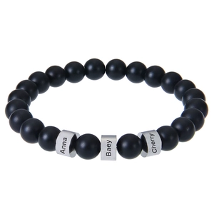 Custom engraved stainless steel name beads on matte black obsidian beaded bracelet