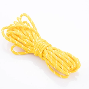 Durable yellow and white braided nylon paracord roll for DIY crafts on white background