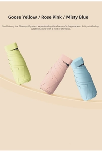 Three ultra-light flat capsule umbrellas in yellow, pink and blue showing compact design