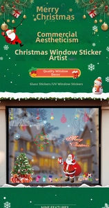 Detailed view of Christmas window decals featuring Santa, trees, and festive snowflakes
