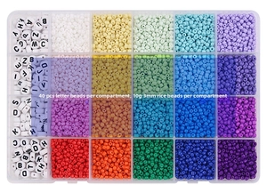 Detailed 24-grid DIY kit with 3mm glass seed beads and alphabet beads in a storage box