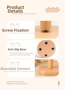Detail view of beechwood paper holder with anti-slip pads and smooth polished base