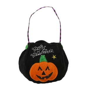 Plush Halloween pumpkin candy bag with Happy Halloween embroidery and purple handle
