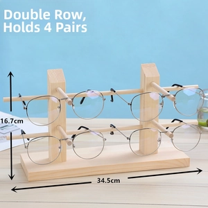 Detailed view of natural pine wood double row glasses display stand for 4 pairs of eyewear