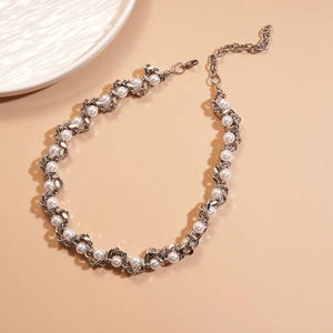 Metallic chain and pearl wrap necklace with silver twist links and round white beads