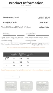 Size chart and fabric details for V-neck lantern sleeve shirt made of tencel blend