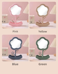Detail of flower-shaped vanity mirrors in pink, yellow, blue, and green with tray base