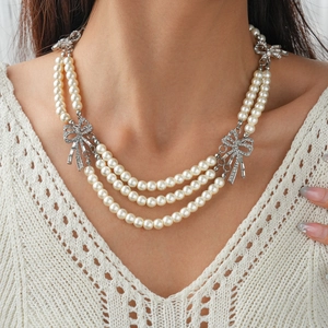 Multi Layer Artificial Pearl Necklace And Earrings With Silver Earring Post Bowknot Rhinestone Alloy Elegant Baroque For Women