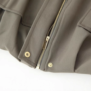 Deep taupe casual bomber jacket with a pleated hem and premium gold zipper hardware