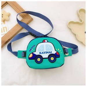 Detail of green kids fanny pack with cartoon police car and adjustable buckle strap