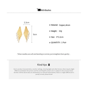 Detailed size specifications for gold plated zircon teardrop tassel earrings with dimensions