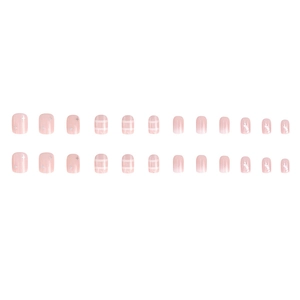 Pink gradient plaid press-on nails with shiny stars and stripes 24pcs set