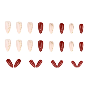 24pcs dark red and gold foil almond press on nails with a glossy minimalist finish