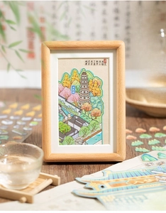 3D paper-cut style 3D sticker depicting Suzhou Tiger Hill pagoda in a wooden frame