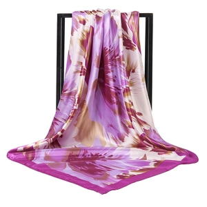 Elegant purple floral square scarf with silk texture and deep purple border