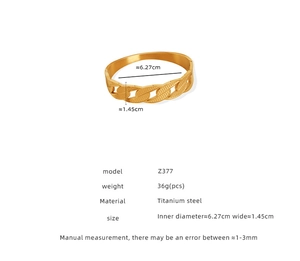 Detailed size and material specification chart for the 18k gold chain link titanium bangle