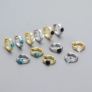 925 Sterling Silver Huggie Hoop Earrings With Synthetic Turquoise Moonstone Black Agate Round Vintage For Women