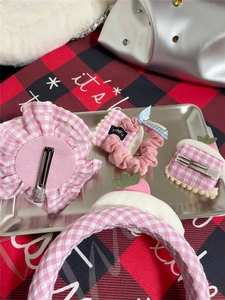 Pink plaid strawberry hair accessory set with headband and clip on silver tray