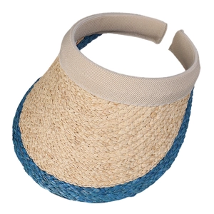 Geflochtener Raffia-Visor-Hut mit blauem Rand für Damen-Sommersonnenschutz im Freien