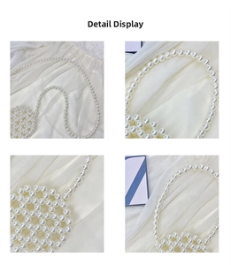 Detailed macro view of handmade white acrylic pearl bead weaving on a crossbody bag