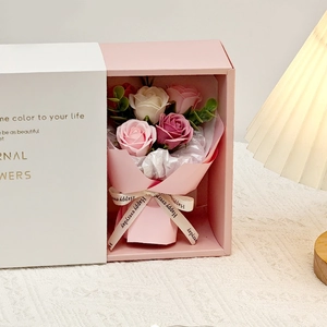 Pink and white soap rose bouquet in a gift box with drawer for Valentine's Day gifts