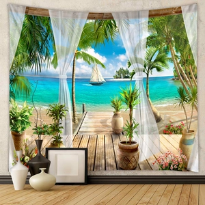 Detail showing tropical beach landscape tapestry with palm trees and ocean views