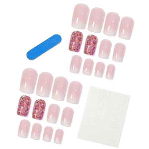 Pink gradient coffin fake nails set with glitter accents and manicure tool kit