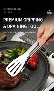 Close-up of stainless steel food tongs with three-hole slotted head for draining oil easily