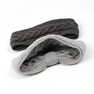 Detail of winter knitted headband with thick fleece lining and cable knit texture
