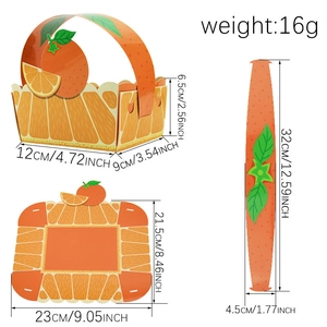 Orange fruit theme paper gift basket with dimensions and weight details on white background
