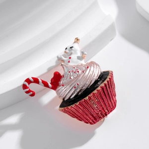 Christmas cupcake brooch with snowman and candy cane in red and white enamel finish