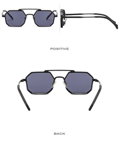 Detailed multi-angle views of matte black octagonal sunglasses with double bridge