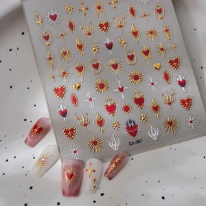 Gothic 3D embossed nail stickers Co-367 with gold crosses and red hearts for DIY nail art