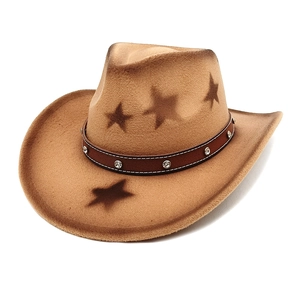 Classic khaki western cowboy hat with brown star print and silver diamond leather band