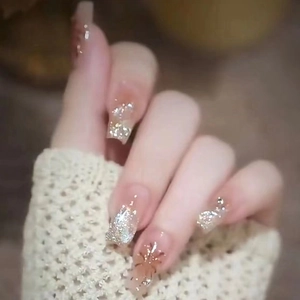 Champagne Gradient Coffin Press On Nails Fireworks Pattern Glitter Rhinestone Luxury Long Trapezoid Artificial Nails