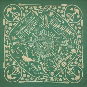 Green cotton bandana featuring retro nautical print with anchors, whales, and shells