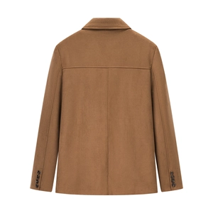 Back view of classic brown wool-like blazer with detailed sleeve buttons and seams