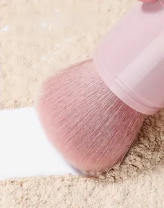 Close-up of pink retractable makeup brush bristles catching beige loose powder