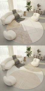 Detail view of modern geometric round rugs featuring cream tones and gold metallic lines