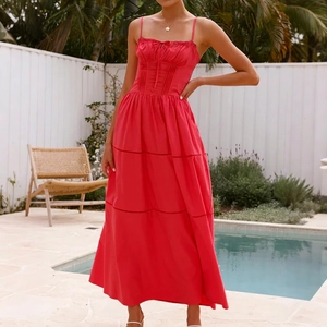 Red spaghetti strap tiered maxi dress with ruched bodice for summer vacation beachwear