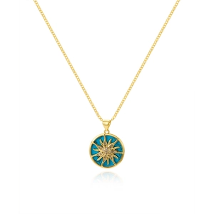 Golden sun pendant necklace with mother of pearl and turquoise inlay on white surface