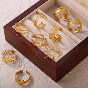 Vintage Geometric Rings For Women Adjustable Open Stainless Steel Gold Plated Hollow Heart Honeycomb Design Fashion Jewelry