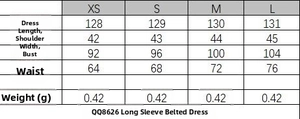 Size chart detail for the long sleeve dress with waist belt showing length and chest measurements
