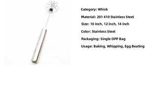 Detail of semi-automatic stainless steel whisk available in 10, 12, and 14 inch sizes