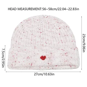 Size chart showing height and head circumference for heart knit beanie hat