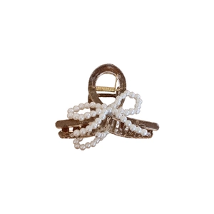 Elegant gold metal hair claw clip featuring a double-layered faux pearl bow design