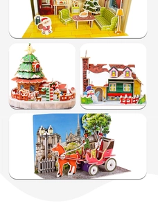 Detail of diverse 3D Christmas puzzle models featuring festive rooms and snowy villages