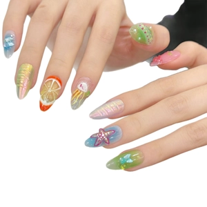 Faux ongles 3D thème océan et fruits avec motifs en relief citron et étoile de mer